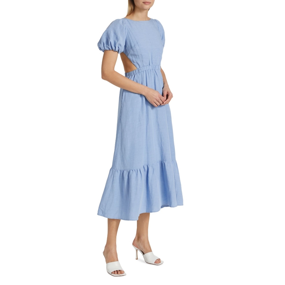 NEW ASTR the Label Light Blue Jelena Puff Sleeve Back Cutout Midi Dress XS - Picture 6 of 8